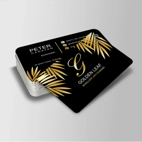 Foil business cards printing Dubai featuring elegant gold foil stamping on premium cardstock.